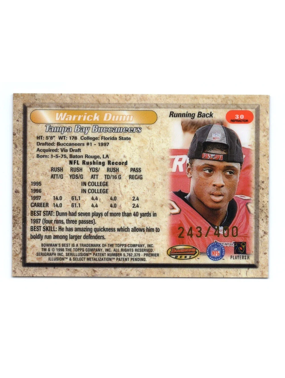 1998 Bowman's Best Warrick Dunn #30 Refractor /400 NM